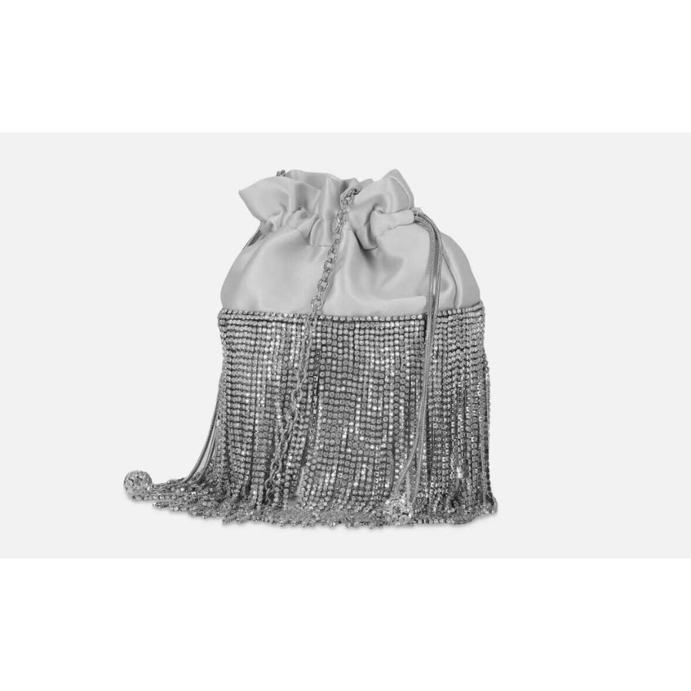 INC International Concepts crystal fringe satin embellished crossbody bag SILVER